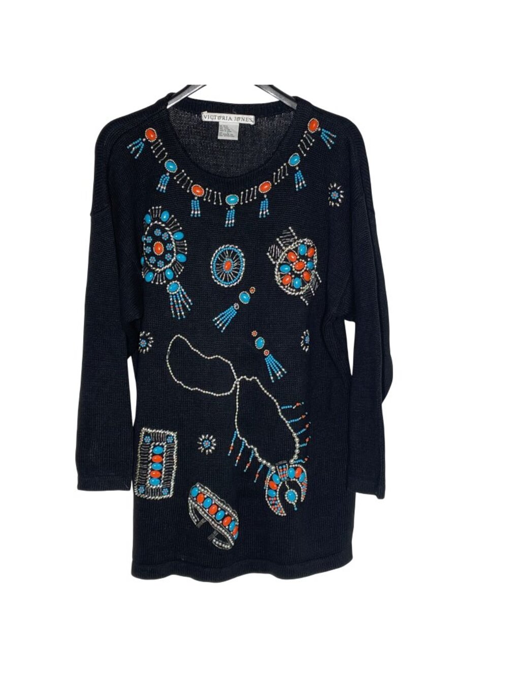 Victoria Jones VTG Southwestern Beaded Native Turquoise Tribal Sweater Sz LG 90s